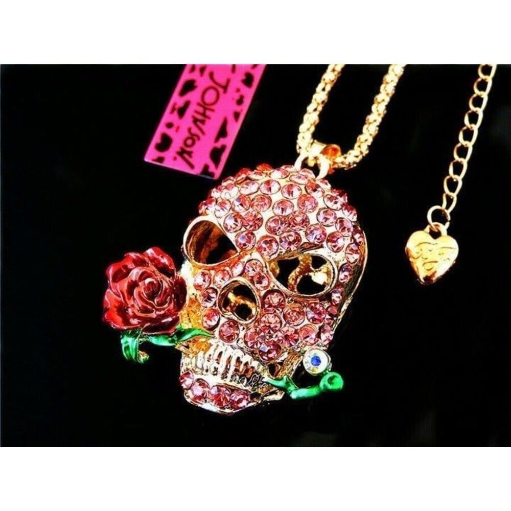 Betsey Johnson Crystal Pink Skull Head Rose Pendant Necklace Punk Chain